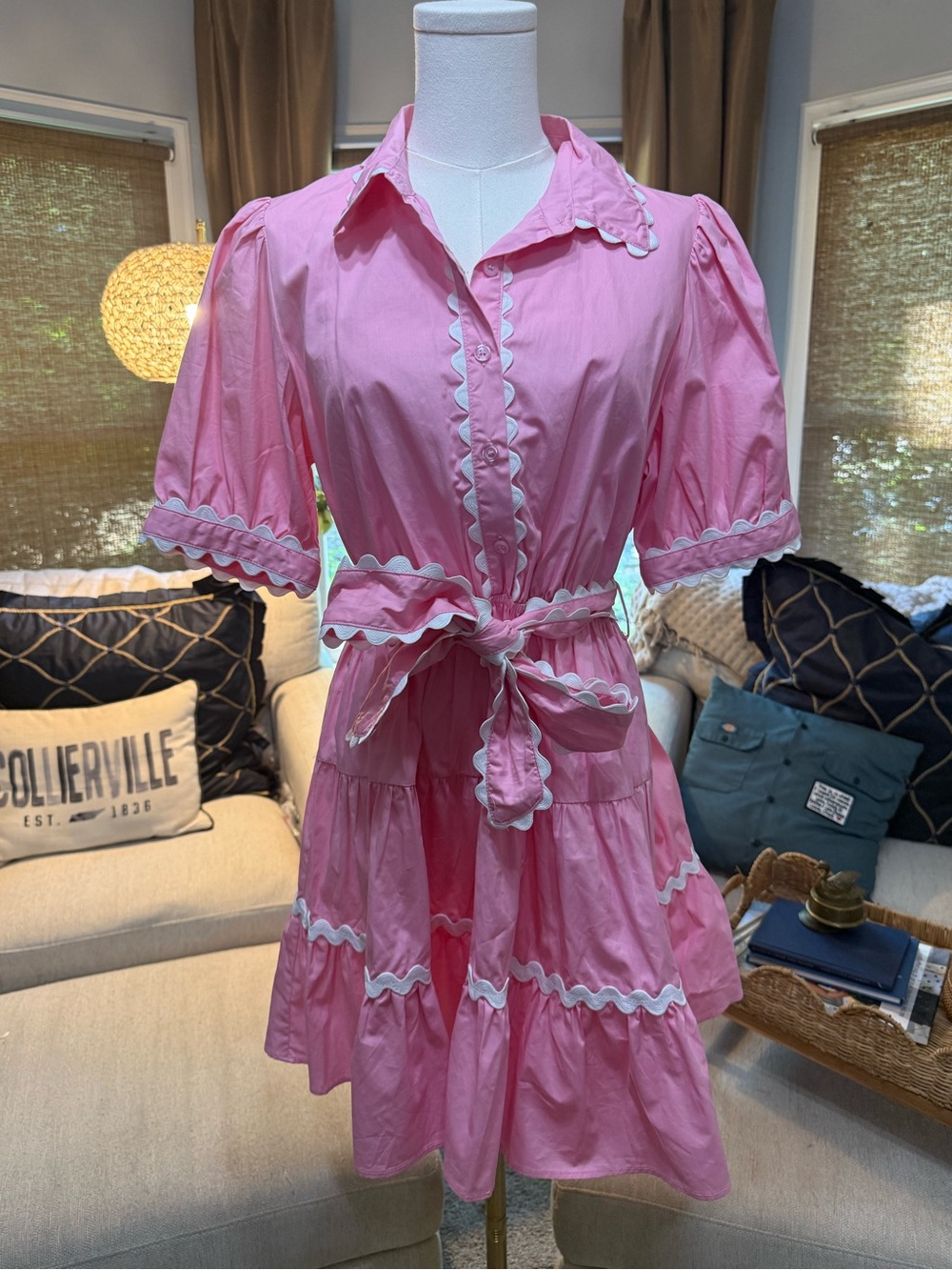 Day + Moon Pink Ruffle-Trim Tie-Waist Mini Dress